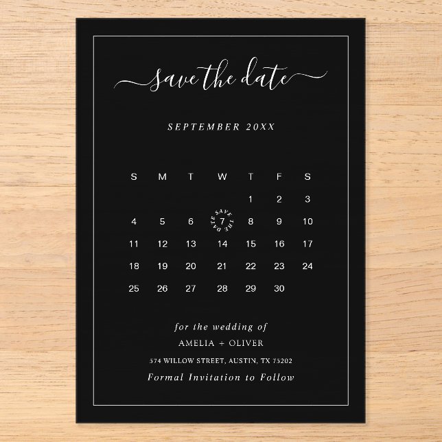Black Acrylic Calendar Minimalist Save the Date Invitations (Front)