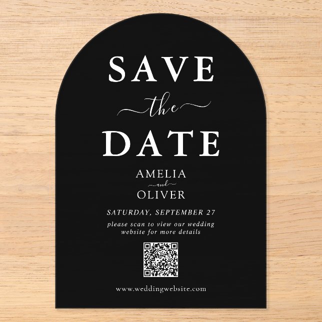 Black Acrylic QR Code Wedding Save the Date Arch  Invitations (Front)