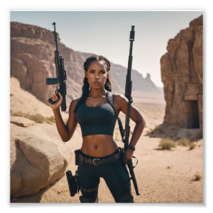 Black Action Hero Guns Babe in Desert Photo Print