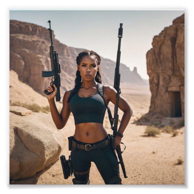 Black Action Hero Guns Babe in Desert Photo Print (Front)