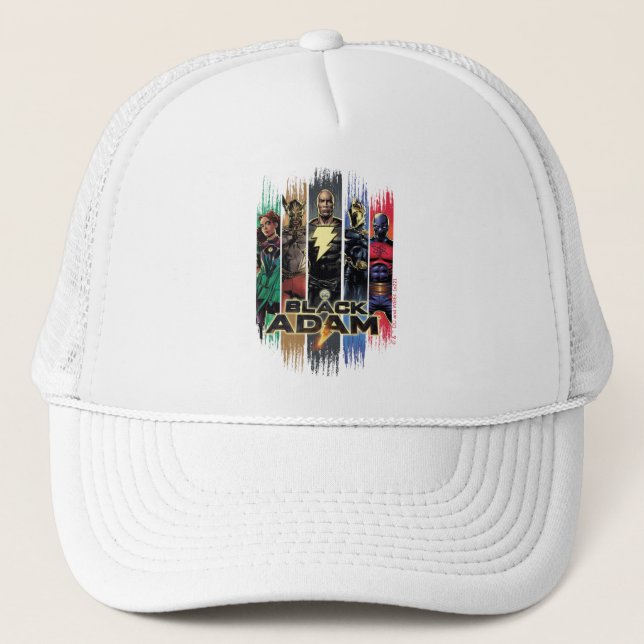Black Adam Characters In Stripes Graphic Trucker Hat (Front)