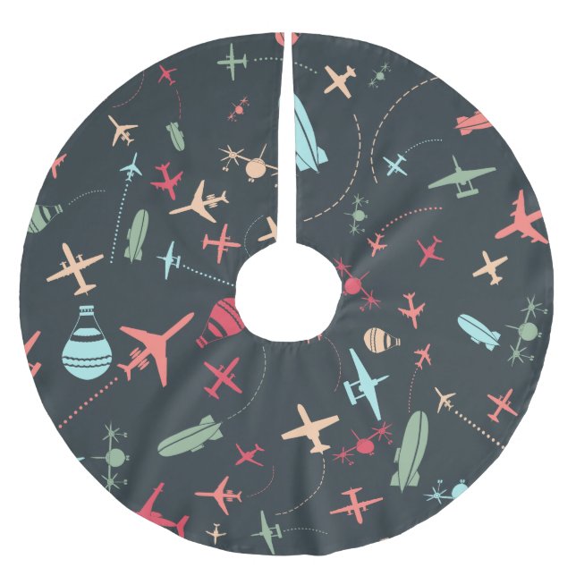 Black Aeroplane and Aviation Pattern Brushed Polyester Tree Skirt (Front)