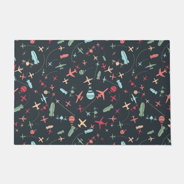 Black Aeroplane and Aviation Pattern Doormat (Front)
