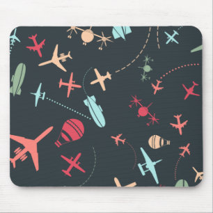 Black Aeroplane and Aviation Pattern Mouse Mat