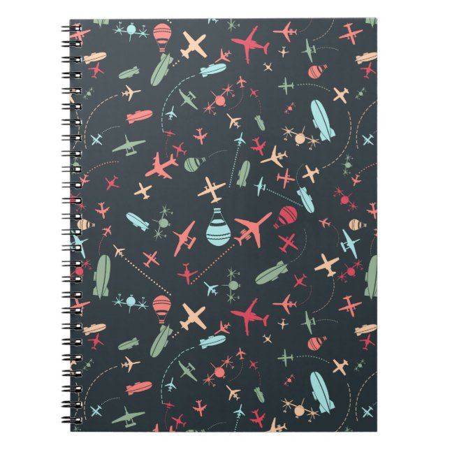 Black Aeroplane and Aviation Pattern Notebook (Front)