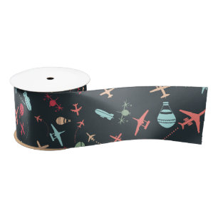 Black Aeroplane and Aviation Pattern Satin Ribbon