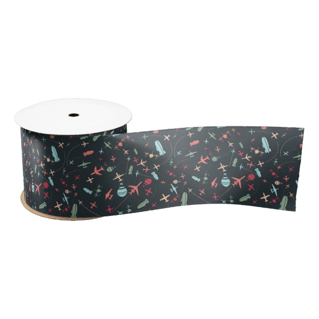 Black Aeroplane and Aviation Pattern Satin Ribbon (Spool)