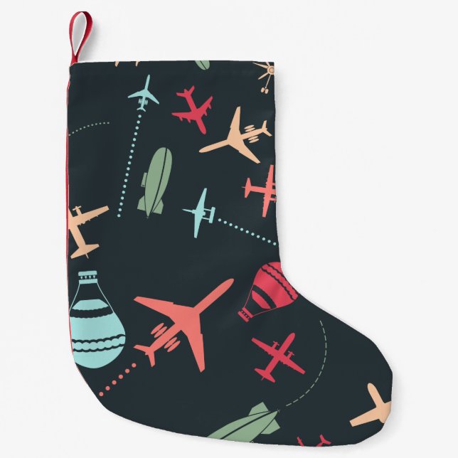 Black Aeroplane and Aviation Pattern Small Christmas Stocking (Front)