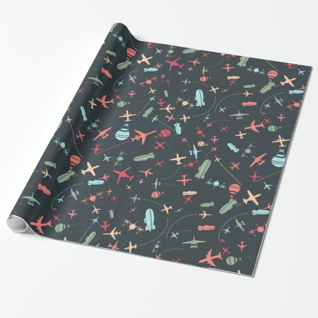 Black Aeroplane and Aviation Pattern Wrapping Paper (Unrolled)