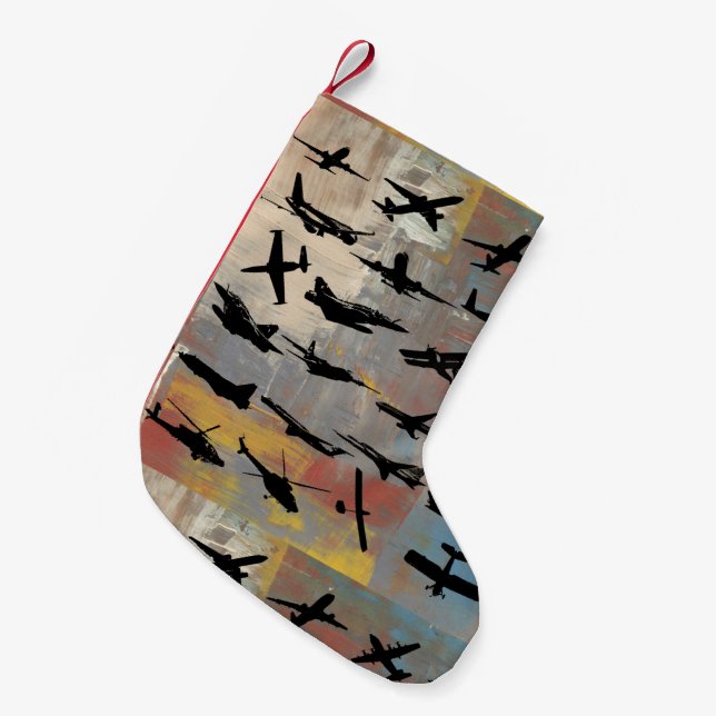 Black aeroplane silhouettes small christmas stocking (Front (Hanging))