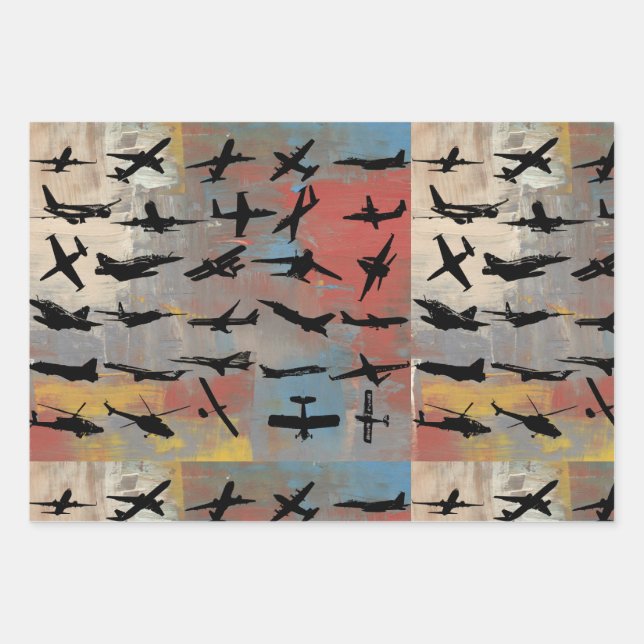 Black aeroplane silhouettes wrapping paper sheet (Front)