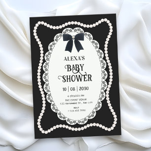 Black aesthetic elegant bow pearl baby shower invitation