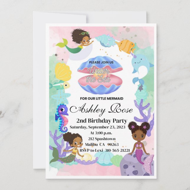 Black/African American Mermaid Birthday Invitation (Front)