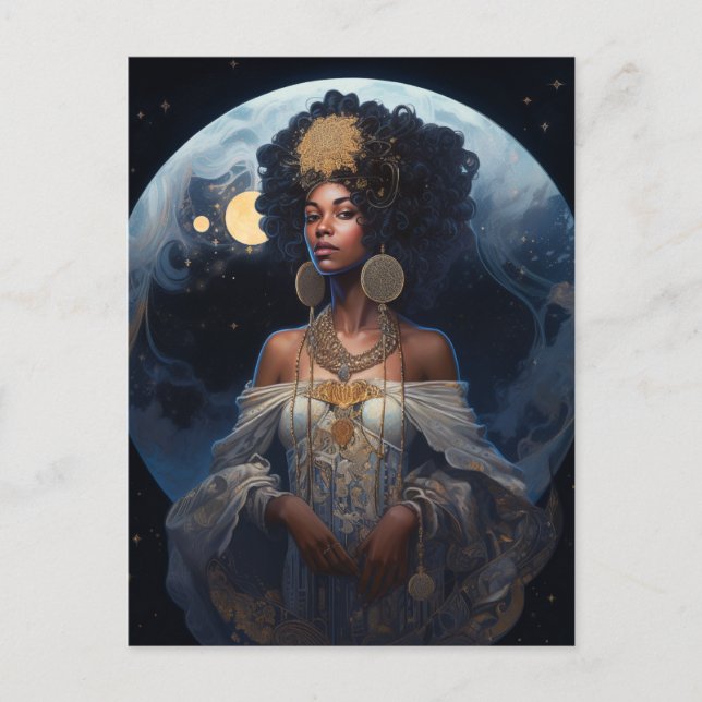 Black African-American Moon Goddess Queen Fantasy Postcard (Front)