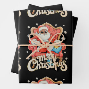 Black African American Santa Christmas Xmas Wrapping Paper Sheet