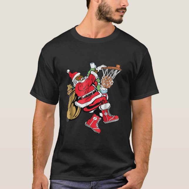 Black African American Santa Claus Basketball Chri T-Shirt (Front)