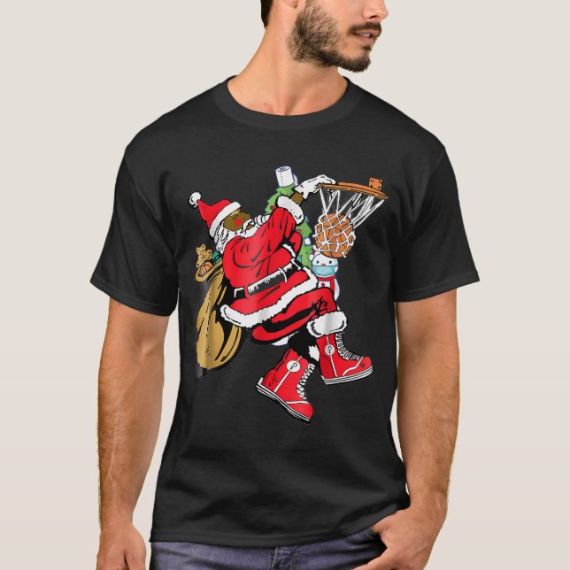 Black African American Santa Claus Basketball Chri T-Shirt (Front)