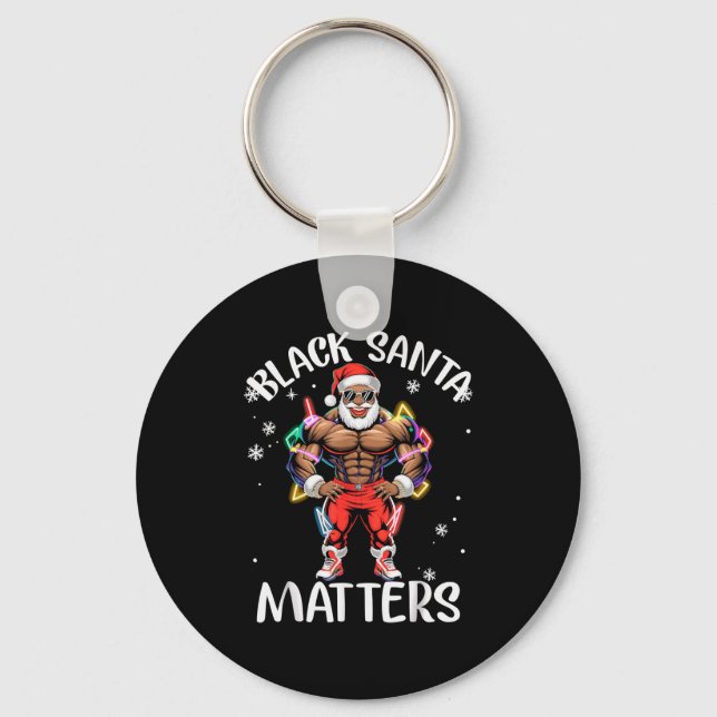 Black African American Santa Claus Christmas Pajam Key Ring (Front)
