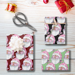 Black African American Santa Face Pink Christmas Wrapping Paper Sheet