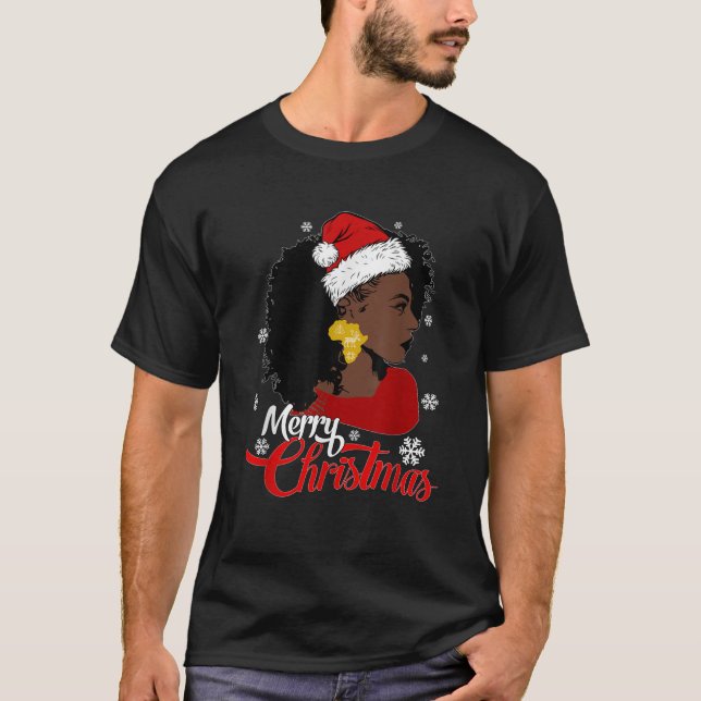Black African American Santa Hat Christmas Black G T-Shirt (Front)