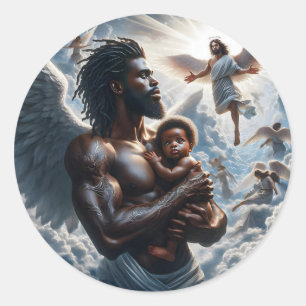 Black African Angel man With baby Classic Round Sticker