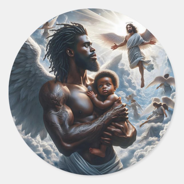 Black African Angel man With baby  Classic Round Sticker (Front)