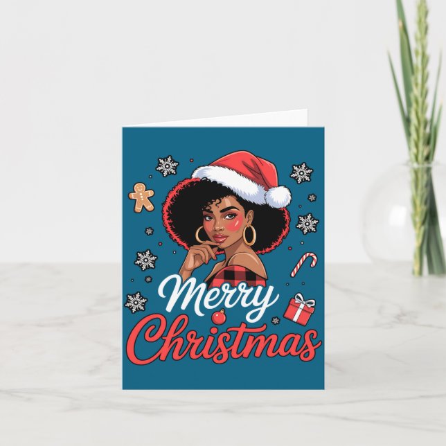 Black African Girl American Merry Christmas Santa  Card (Front)