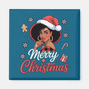 Black African Girl American Merry Christmas Santa  Magnet