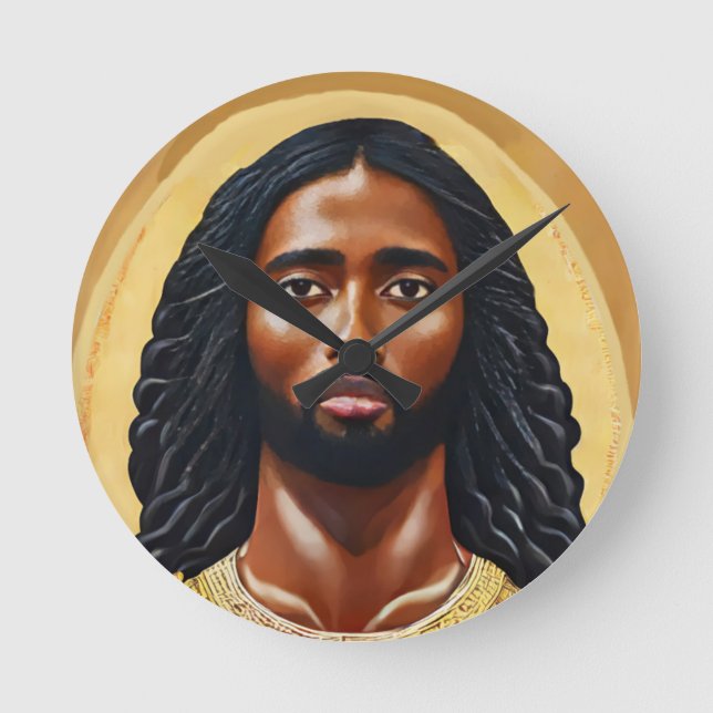 Black African Jesus Christ Religious Art Round Clock (Front)