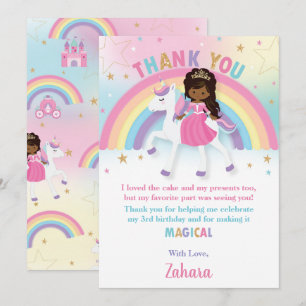 Black African Princess Rainbow Unicorn Birthday Thank You Card