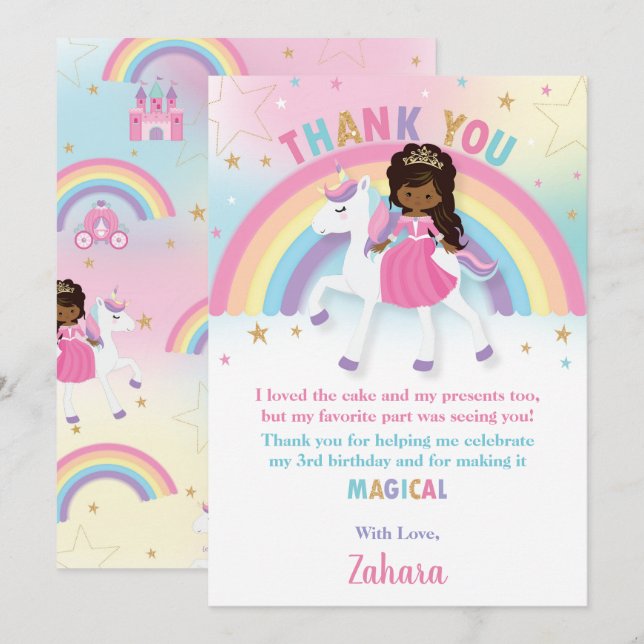 Black African Princess Rainbow Unicorn Birthday Thank You Card (Front/Back)