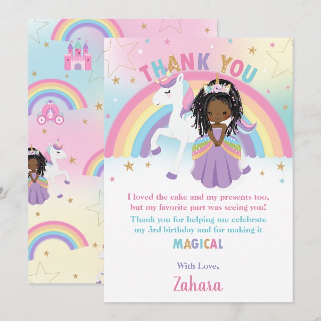 Black African Princess Rainbow Unicorn Birthday Thank You Card (Front/Back)