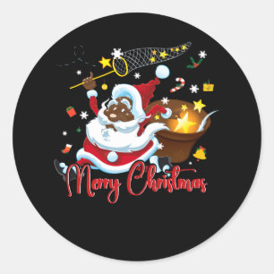 Black African Santa Claus Merry Christmas Xmas Cat Classic Round Sticker