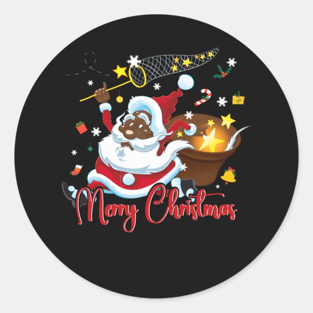 Black African Santa Claus Merry Christmas Xmas Cat Classic Round Sticker (Front)