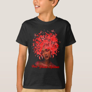 Black African Woman Afro Butterfly Ribbon Red Hear T-Shirt