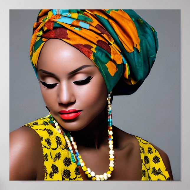 Black African Woman colourful headscarf portrait Poster (Front)