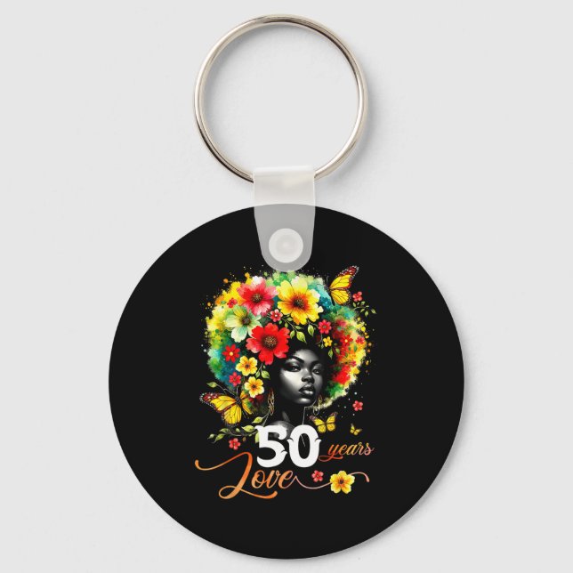 Black Afro Queen 50 Years Love 50th Birthday Butte Key Ring (Front)