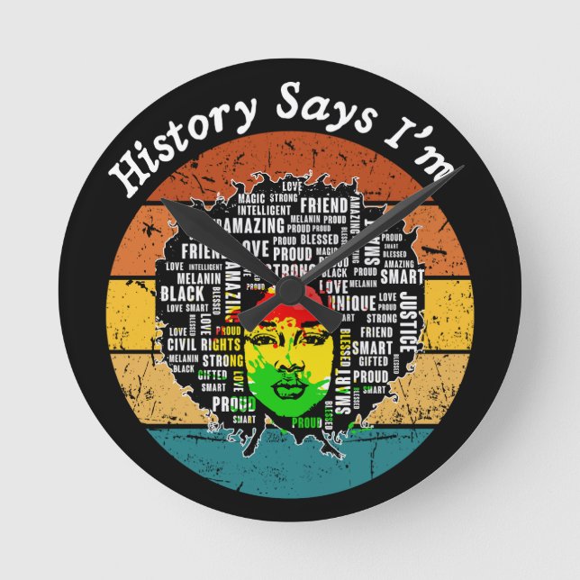 Black Afro Woman Melanin Girl Black History Month Round Clock (Front)