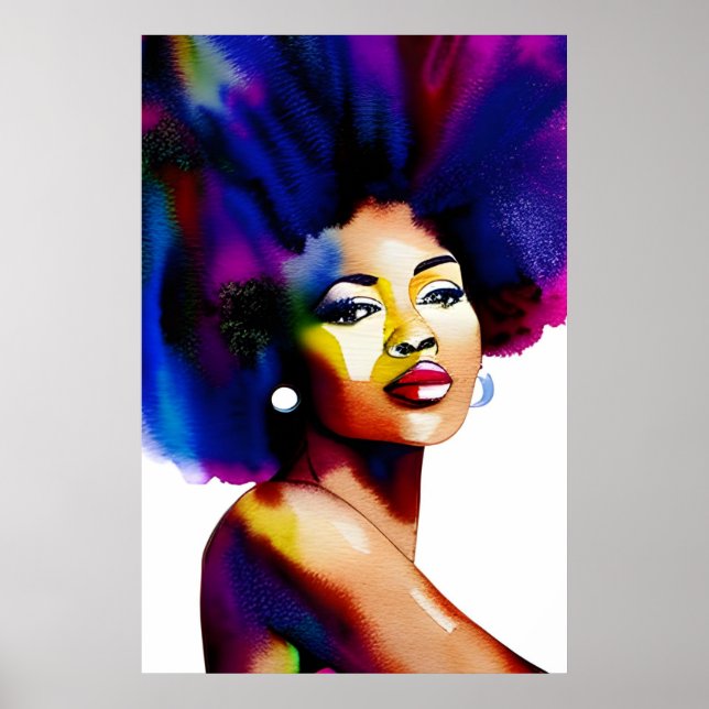 Black Afro Woman Watercolor Portrait IV Poster (Front)