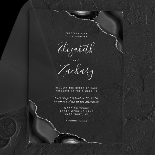Black Agate Corners Silver Grey Text Wedding Acrylic Invitations (Creator Uploaded)