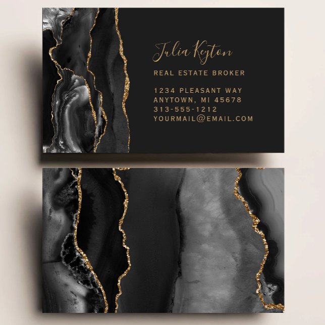 Black Agate Geode Gold Glitter Real Estate Business Card (Creator Uploaded)