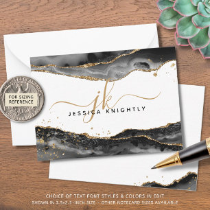 Black Agate Geode Gold Glitter Script Monogram Card