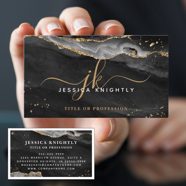 Black Agate Geode Monogram Gold Script Business Card (Creator Uploaded)