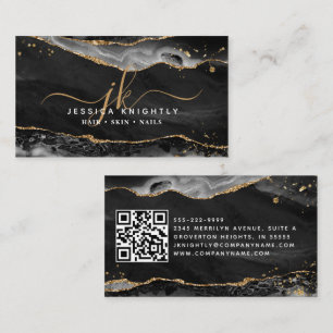 Black Agate Geode Monogram Gold Script Business Card