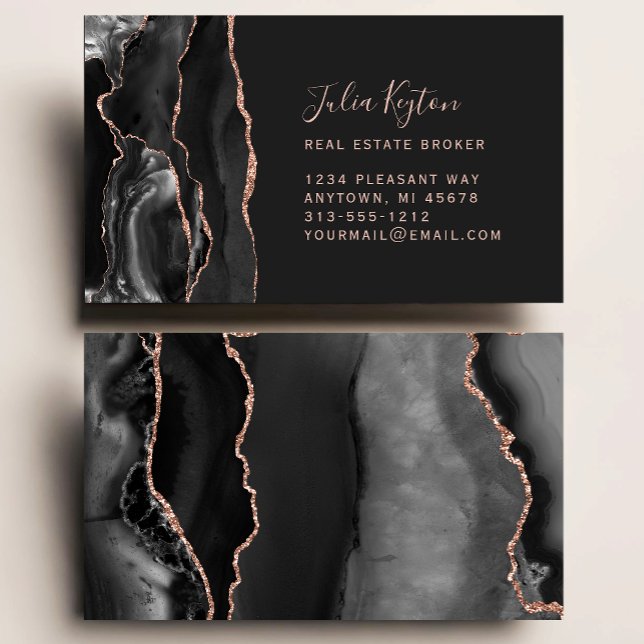 Black Agate Geode Rose Gold Glitter Real Estate Business Card (Creator Uploaded)