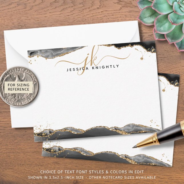 Black Agate Geode Script Monogram Gold Glitter Card (Creator Uploaded)