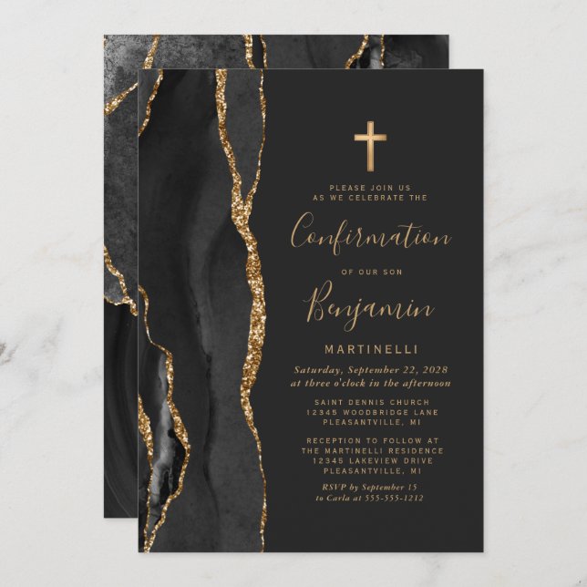 Black Agate Gold Confirmation Invitation (Front/Back)