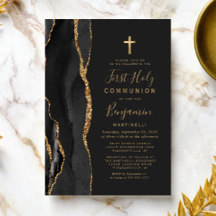 Black Agate Gold First Holy Communion Invitation