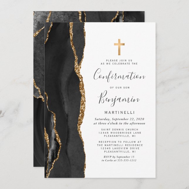 Black Agate Gold Glitter Confirmation Invitation (Front/Back)