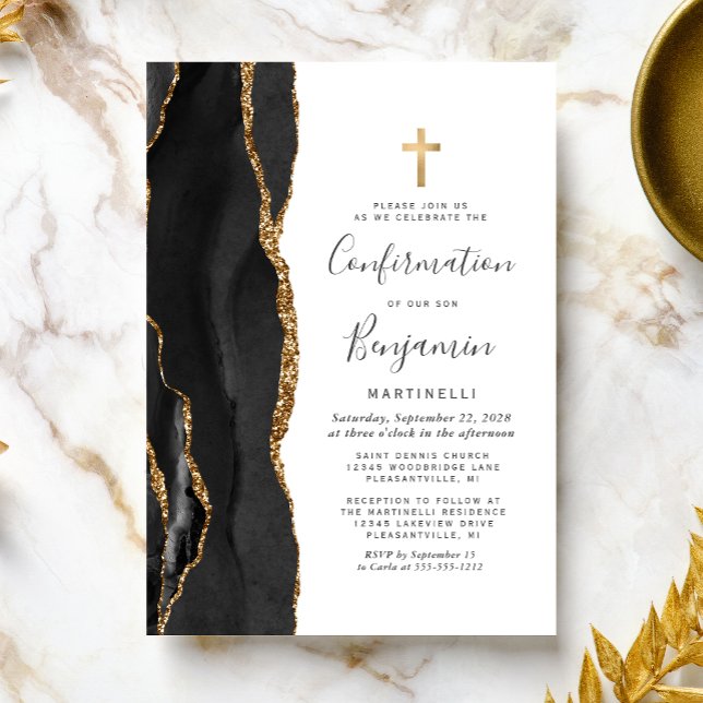 Black Agate Gold Glitter Confirmation Invitation (Creator Uploaded)